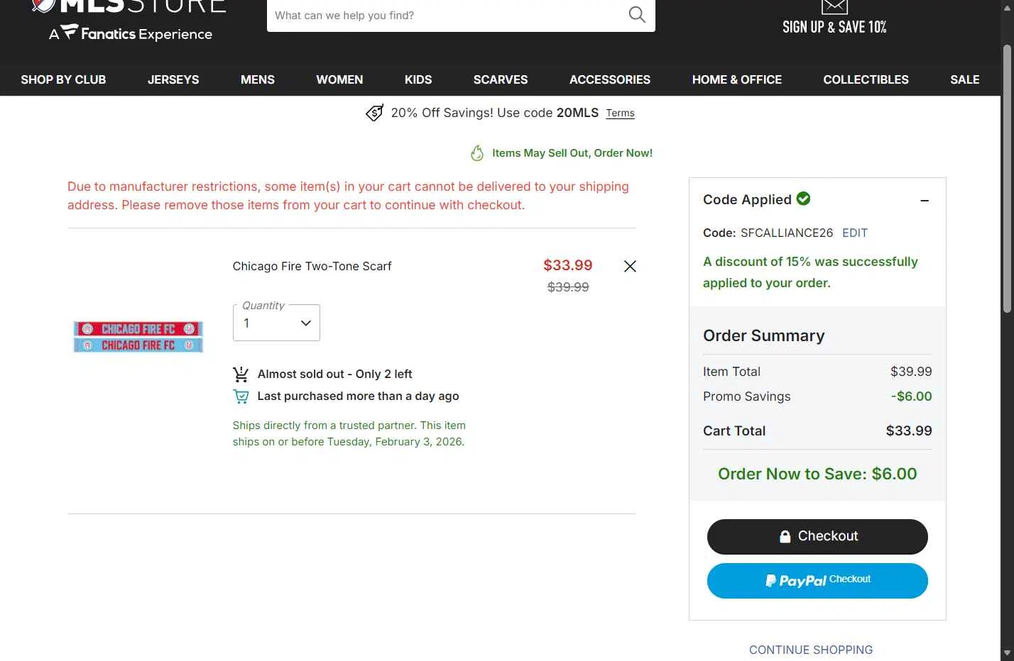 Philadelphia Union checkout page showing Philadelphia Union promo code box | Screenshot taken by SimplyCodes community member on Feb 3, 2026