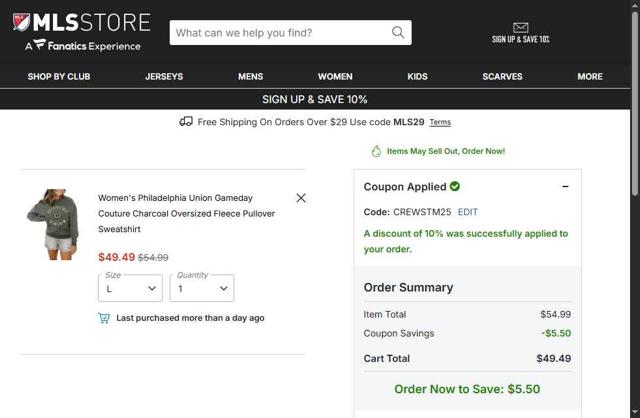 Philadelphia Union checkout page showing Philadelphia Union promo code box | Screenshot taken by SimplyCodes community member on Oct 3, 2025