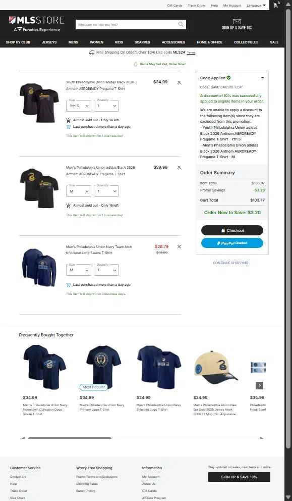 Philadelphia Union checkout page showing Philadelphia Union promo code box | Screenshot taken by SimplyCodes community member on Feb 5, 2026