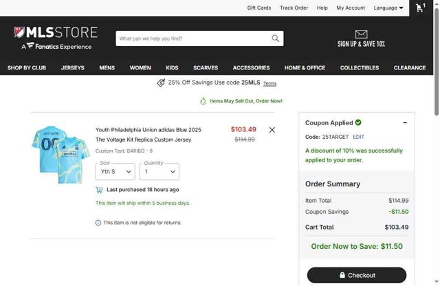 Philadelphia Union checkout page showing Philadelphia Union promo code box | Screenshot taken by SimplyCodes community member on Sep 9, 2025