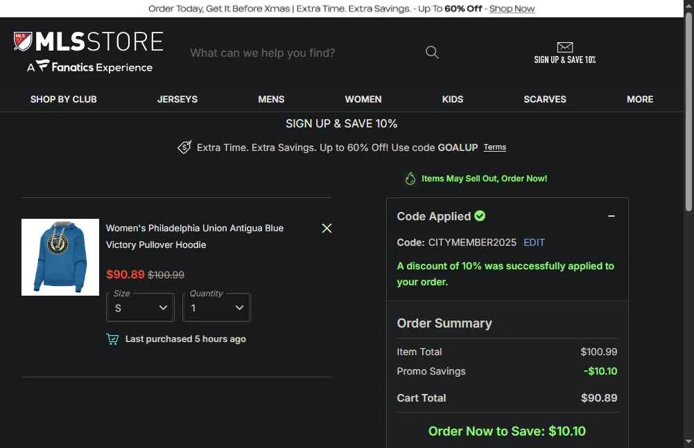 Philadelphia Union checkout page showing Philadelphia Union promo code box | Screenshot taken by SimplyCodes community member on Dec 13, 2025