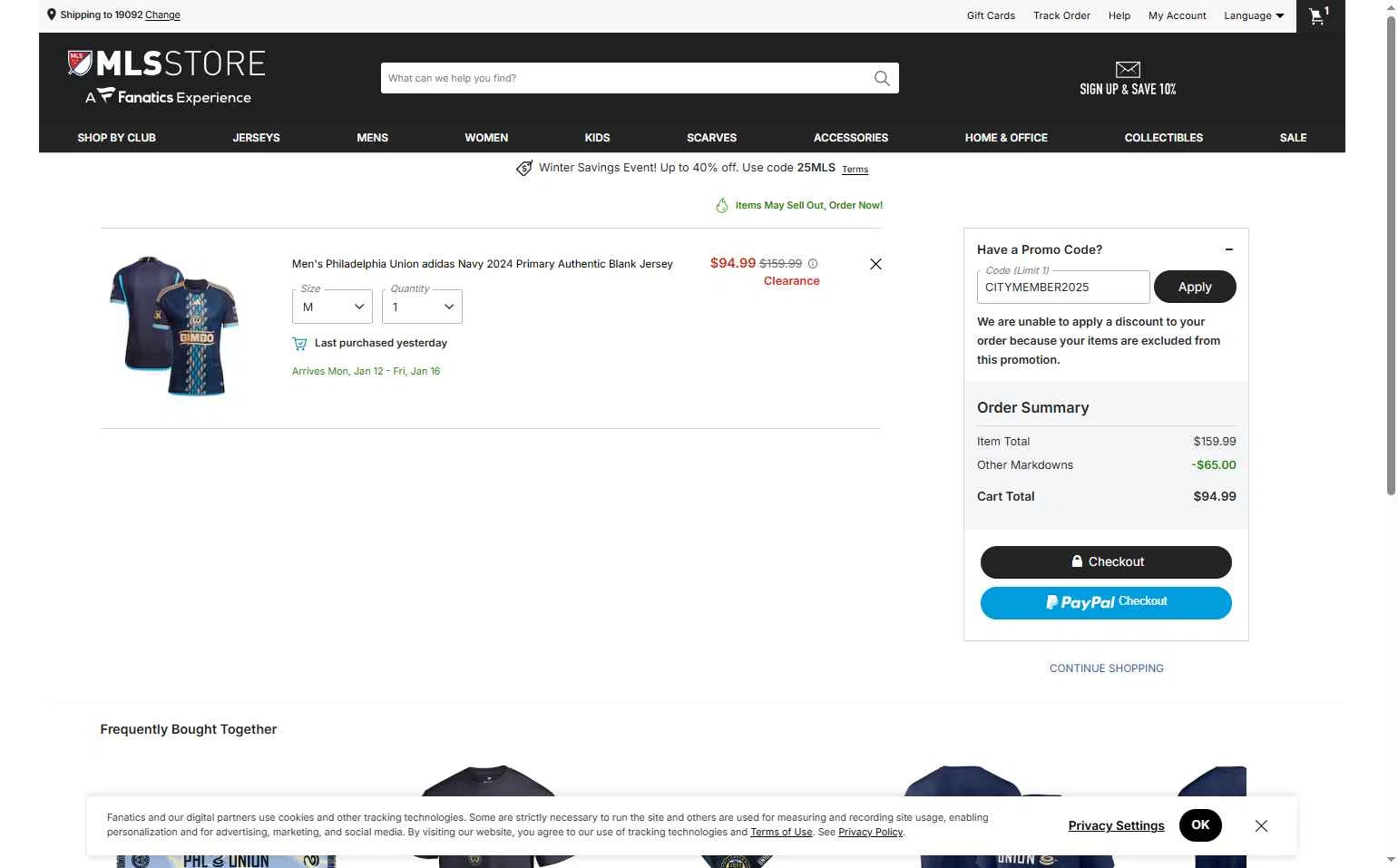 Philadelphia Union checkout page showing Philadelphia Union promo code box | Screenshot taken by SimplyCodes community member on Dec 24, 2025