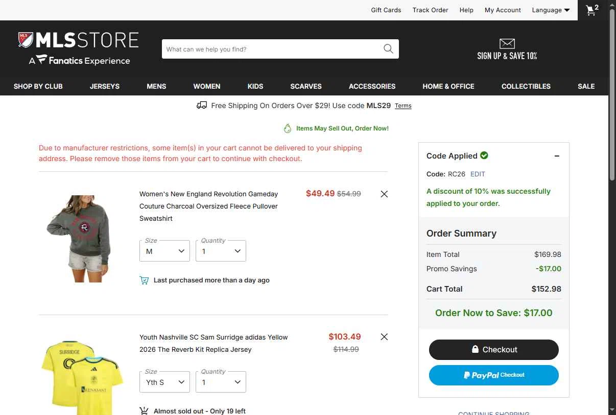Philadelphia Union checkout page showing Philadelphia Union promo code box | Screenshot taken by SimplyCodes community member on Feb 21, 2026
