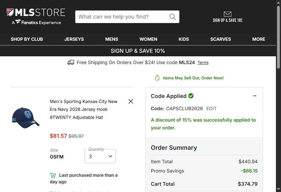 Philadelphia Union checkout page showing Philadelphia Union promo code box | Screenshot taken by SimplyCodes community member on Feb 24, 2026