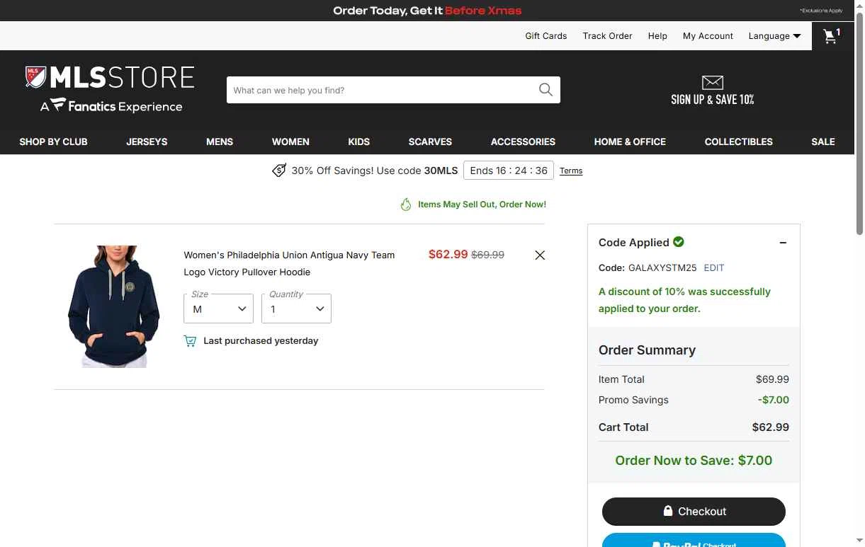 Philadelphia Union checkout page showing Philadelphia Union promo code box | Screenshot taken by SimplyCodes community member on Dec 15, 2025