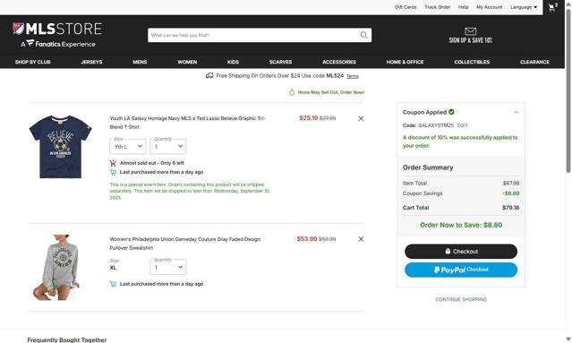 Philadelphia Union checkout page showing Philadelphia Union promo code box | Screenshot taken by SimplyCodes community member on Sep 10, 2025