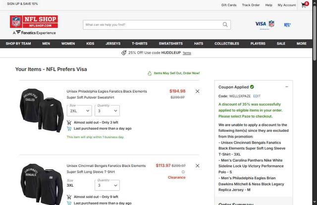 Philadelphia Eagles checkout page showing Philadelphia Eagles coupon code box | Screenshot taken by SimplyCodes community member on Oct 3, 2025