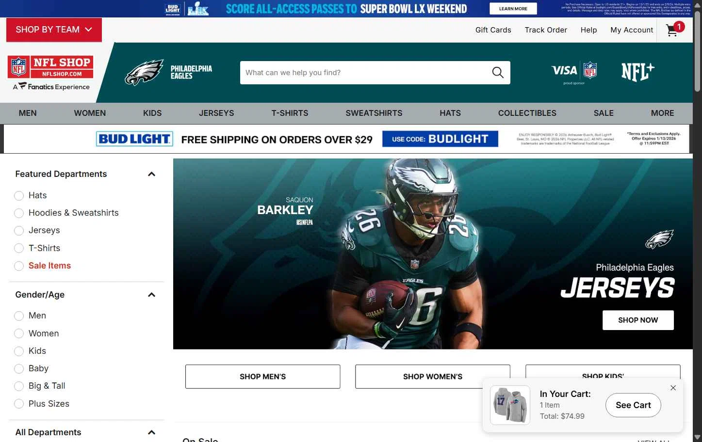 Philadelphia Eagles checkout page showing Philadelphia Eagles coupon code box | Screenshot taken by SimplyCodes community member on Jan 13, 2026
