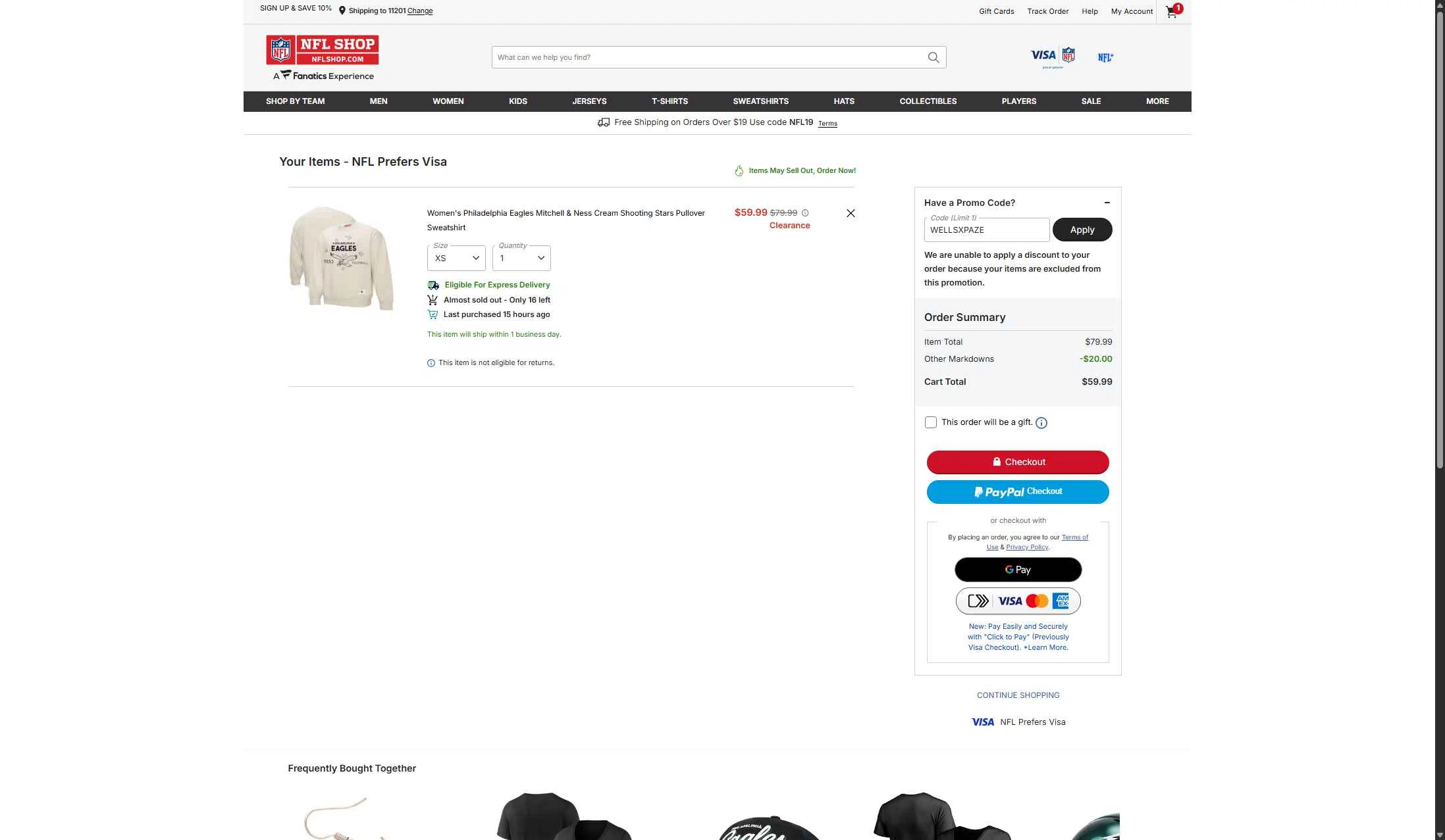 Philadelphia Eagles checkout page showing Philadelphia Eagles coupon code box | Screenshot taken by SimplyCodes community member on Jan 10, 2026