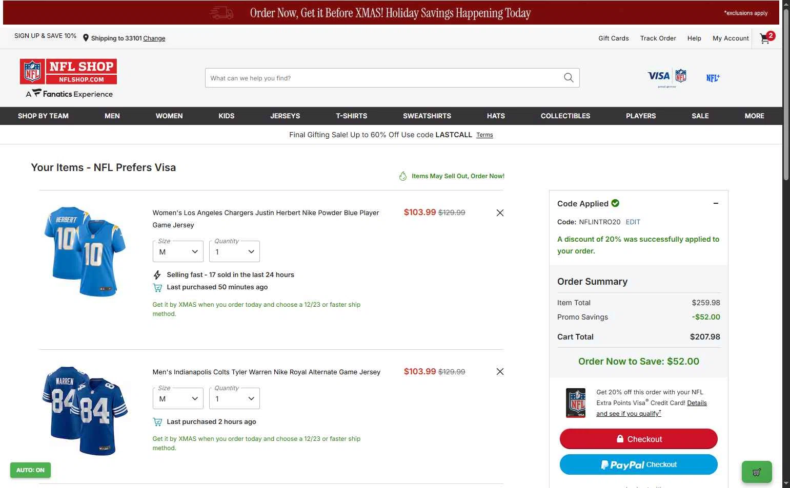 Philadelphia Eagles checkout page showing Philadelphia Eagles coupon code box | Screenshot taken by SimplyCodes community member on Dec 19, 2025