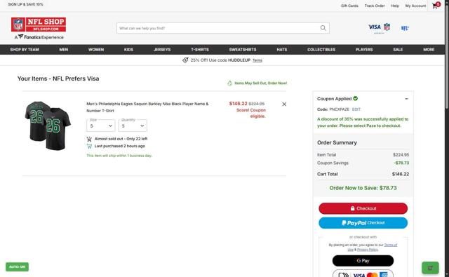 Philadelphia Eagles checkout page showing Philadelphia Eagles coupon code box | Screenshot taken by SimplyCodes community member on Oct 3, 2025
