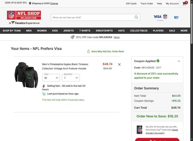 Philadelphia Eagles checkout page showing Philadelphia Eagles coupon code box | Screenshot taken by SimplyCodes community member on Sep 30, 2025