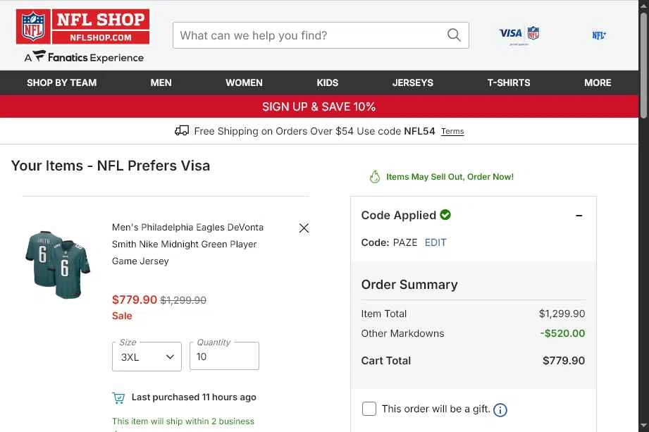 Philadelphia Eagles checkout page showing Philadelphia Eagles coupon code box | Screenshot taken by SimplyCodes community member on Feb 20, 2026