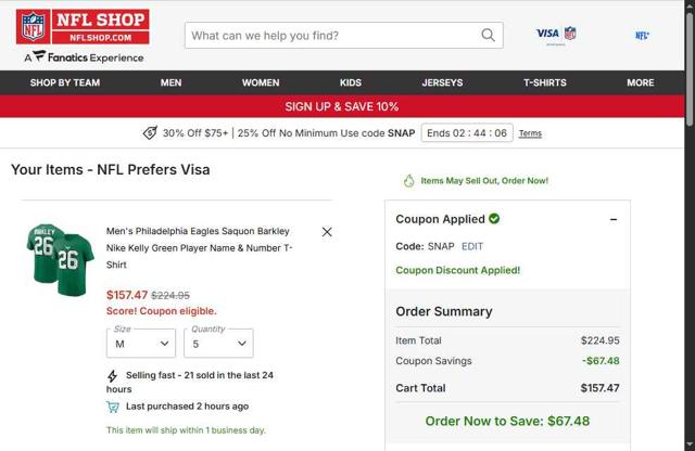 Philadelphia Eagles checkout page showing Philadelphia Eagles coupon code box | Screenshot taken by SimplyCodes community member on Oct 6, 2025