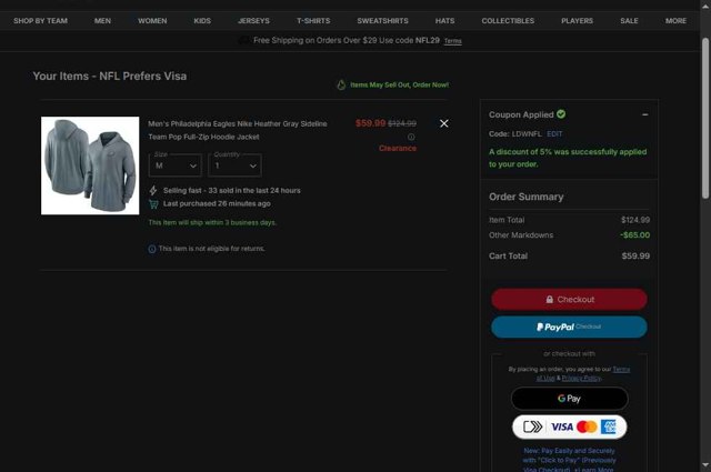 Philadelphia Eagles checkout page showing Philadelphia Eagles coupon code box | Screenshot taken by SimplyCodes community member on Sep 2, 2025