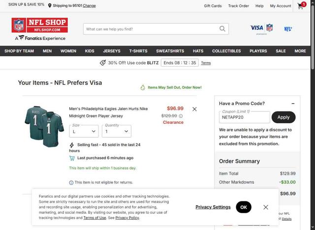 Philadelphia Eagles checkout page showing Philadelphia Eagles coupon code box | Screenshot taken by SimplyCodes community member on Oct 4, 2025