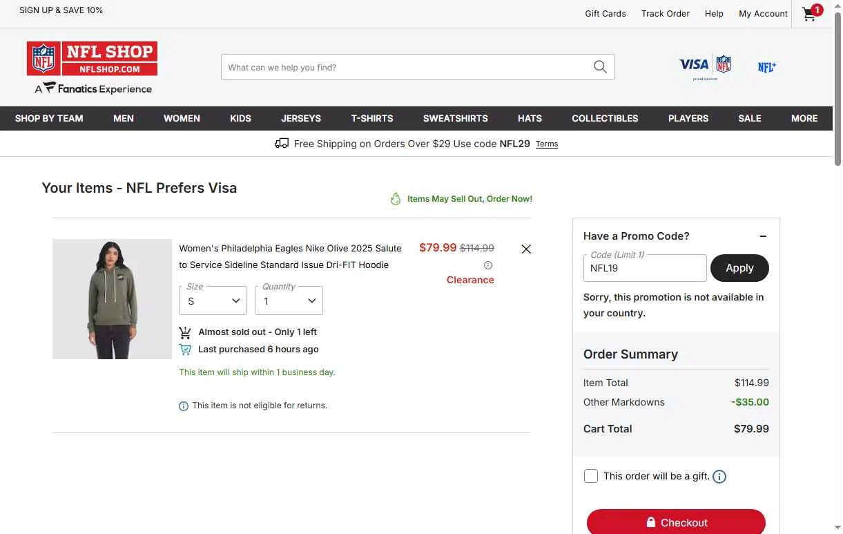 Philadelphia Eagles checkout page showing Philadelphia Eagles coupon code box | Screenshot taken by SimplyCodes community member on Jan 8, 2026
