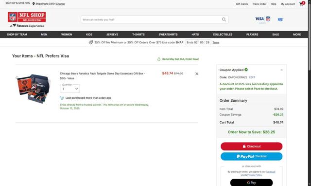 Philadelphia Eagles checkout page showing Philadelphia Eagles coupon code box | Screenshot taken by SimplyCodes community member on Oct 6, 2025