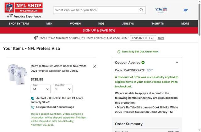 Philadelphia Eagles checkout page showing Philadelphia Eagles coupon code box | Screenshot taken by SimplyCodes community member on Oct 6, 2025