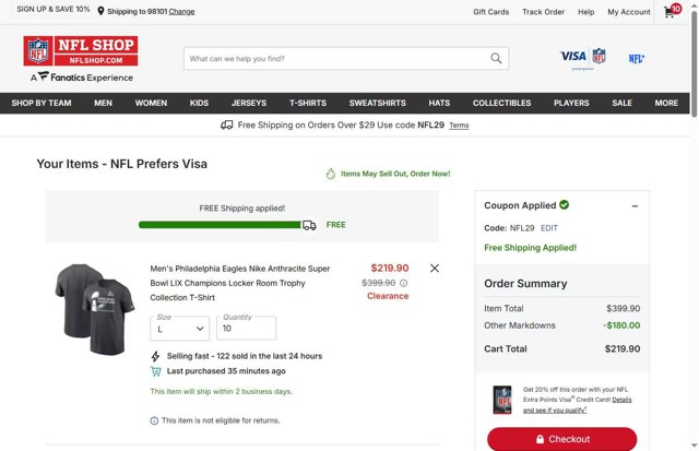 Philadelphia Eagles checkout page showing Philadelphia Eagles coupon code box | Screenshot taken by SimplyCodes community member on Sep 2, 2025