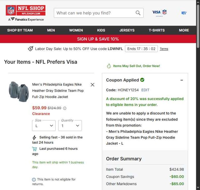 Philadelphia Eagles checkout page showing Philadelphia Eagles coupon code box | Screenshot taken by SimplyCodes community member on Sep 1, 2025