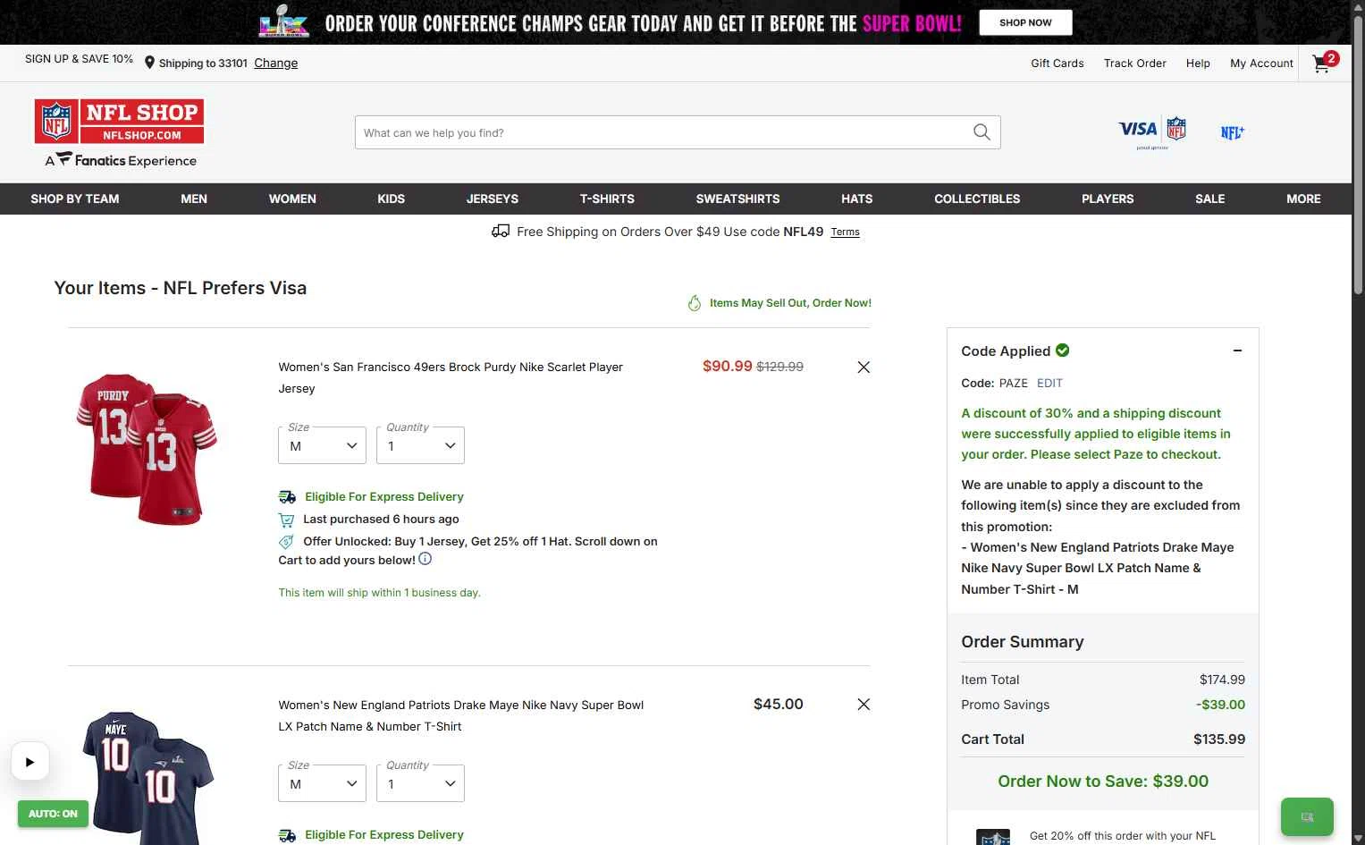 Philadelphia Eagles checkout page showing Philadelphia Eagles coupon code box | Screenshot taken by SimplyCodes community member on Feb 1, 2026