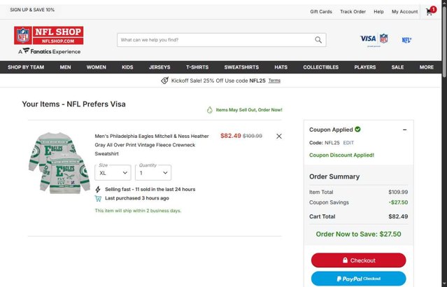 Philadelphia Eagles checkout page showing Philadelphia Eagles coupon code box | Screenshot taken by SimplyCodes community member on Sep 5, 2025