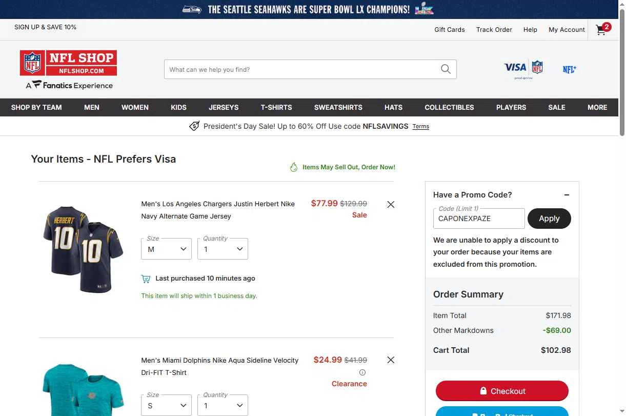 Philadelphia Eagles checkout page showing Philadelphia Eagles coupon code box | Screenshot taken by SimplyCodes community member on Feb 15, 2026
