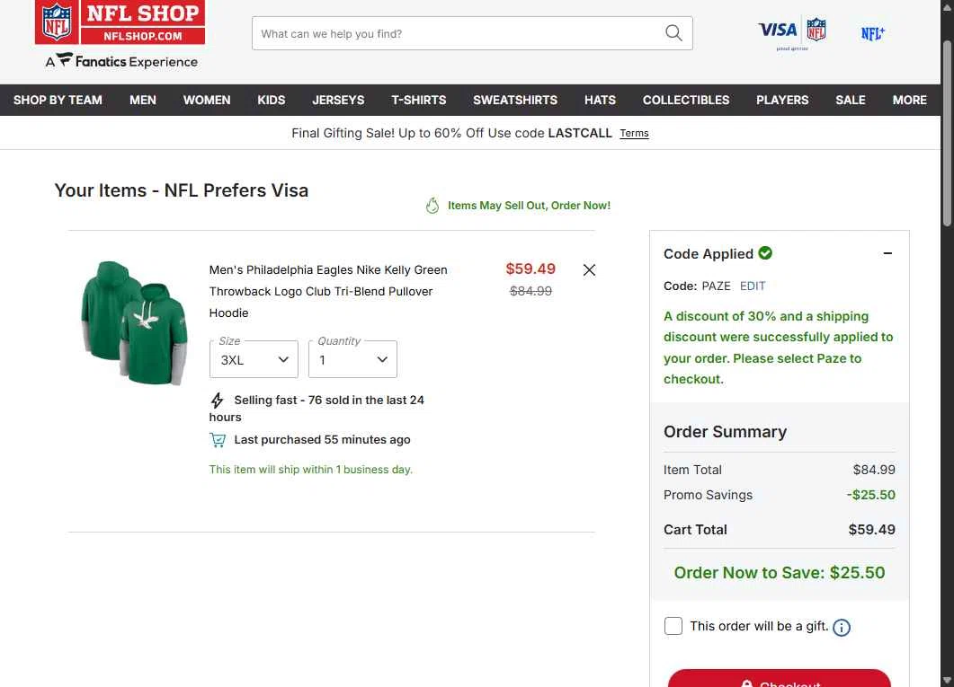 Philadelphia Eagles checkout page showing Philadelphia Eagles coupon code box | Screenshot taken by SimplyCodes community member on Dec 19, 2025