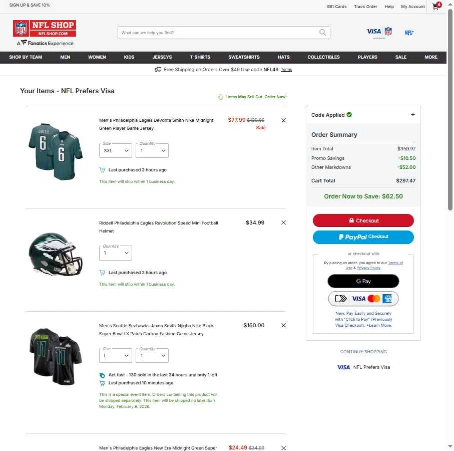 Philadelphia Eagles checkout page showing Philadelphia Eagles coupon code box | Screenshot taken by SimplyCodes community member on Feb 6, 2026