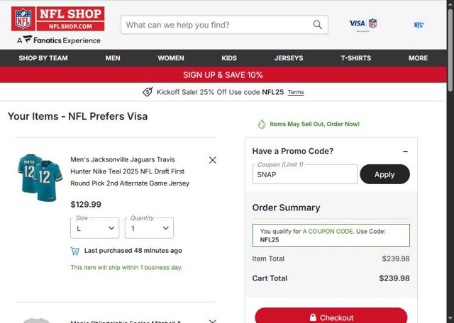 Philadelphia Eagles checkout page showing Philadelphia Eagles coupon code box | Screenshot taken by SimplyCodes community member on Sep 5, 2025