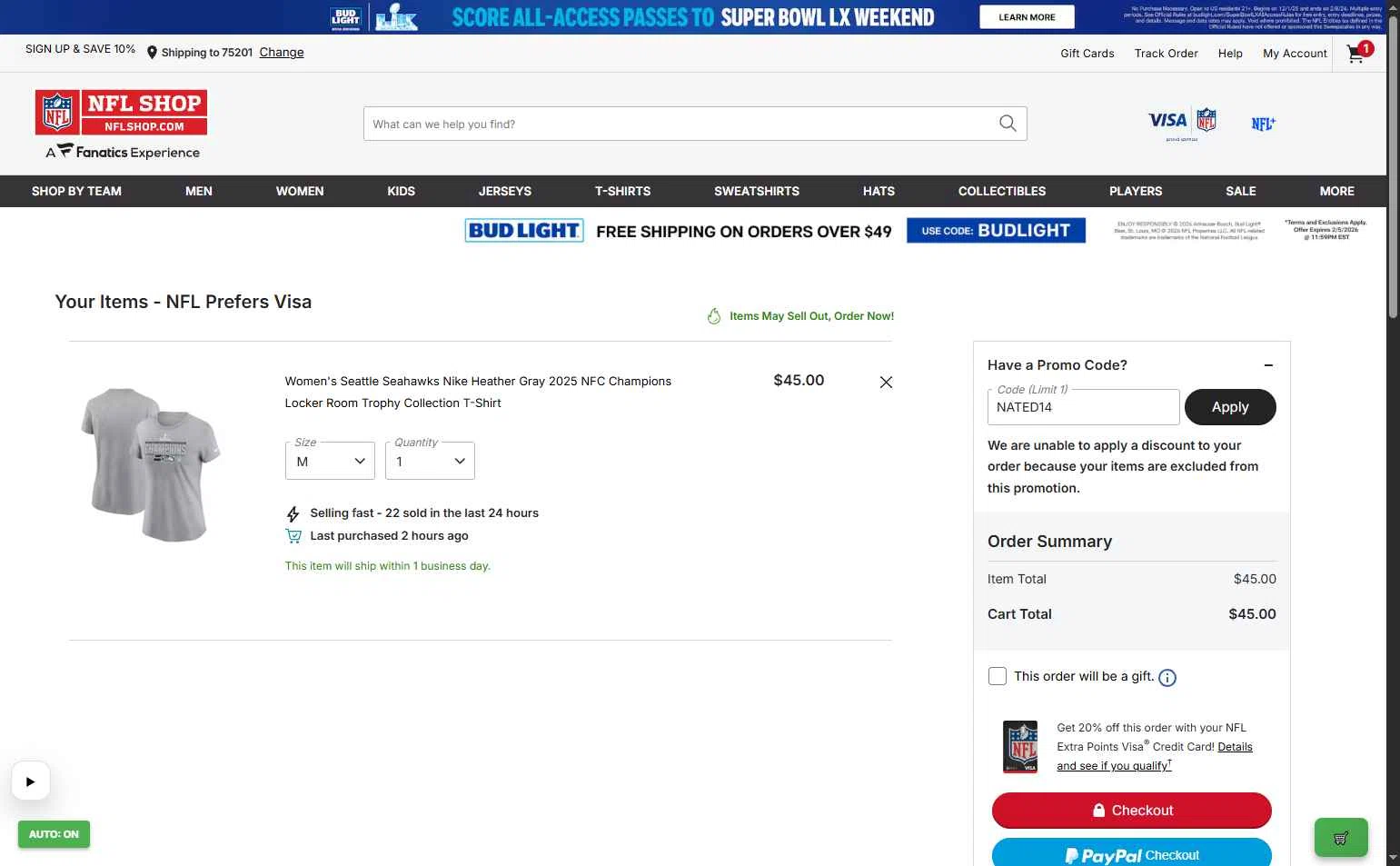 Philadelphia Eagles checkout page showing Philadelphia Eagles coupon code box | Screenshot taken by SimplyCodes community member on Feb 5, 2026