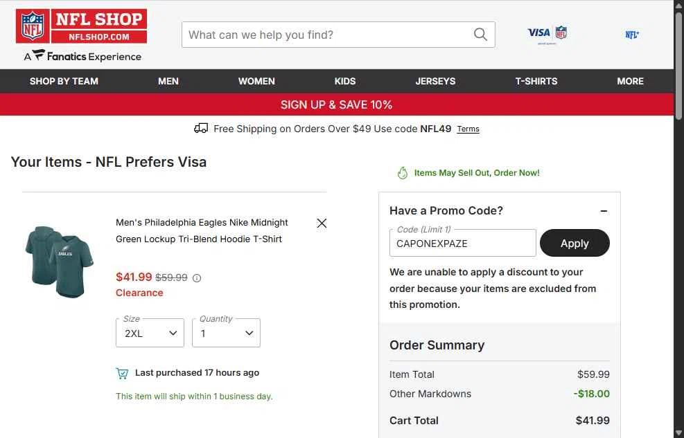 Philadelphia Eagles checkout page showing Philadelphia Eagles coupon code box | Screenshot taken by SimplyCodes community member on Feb 4, 2026
