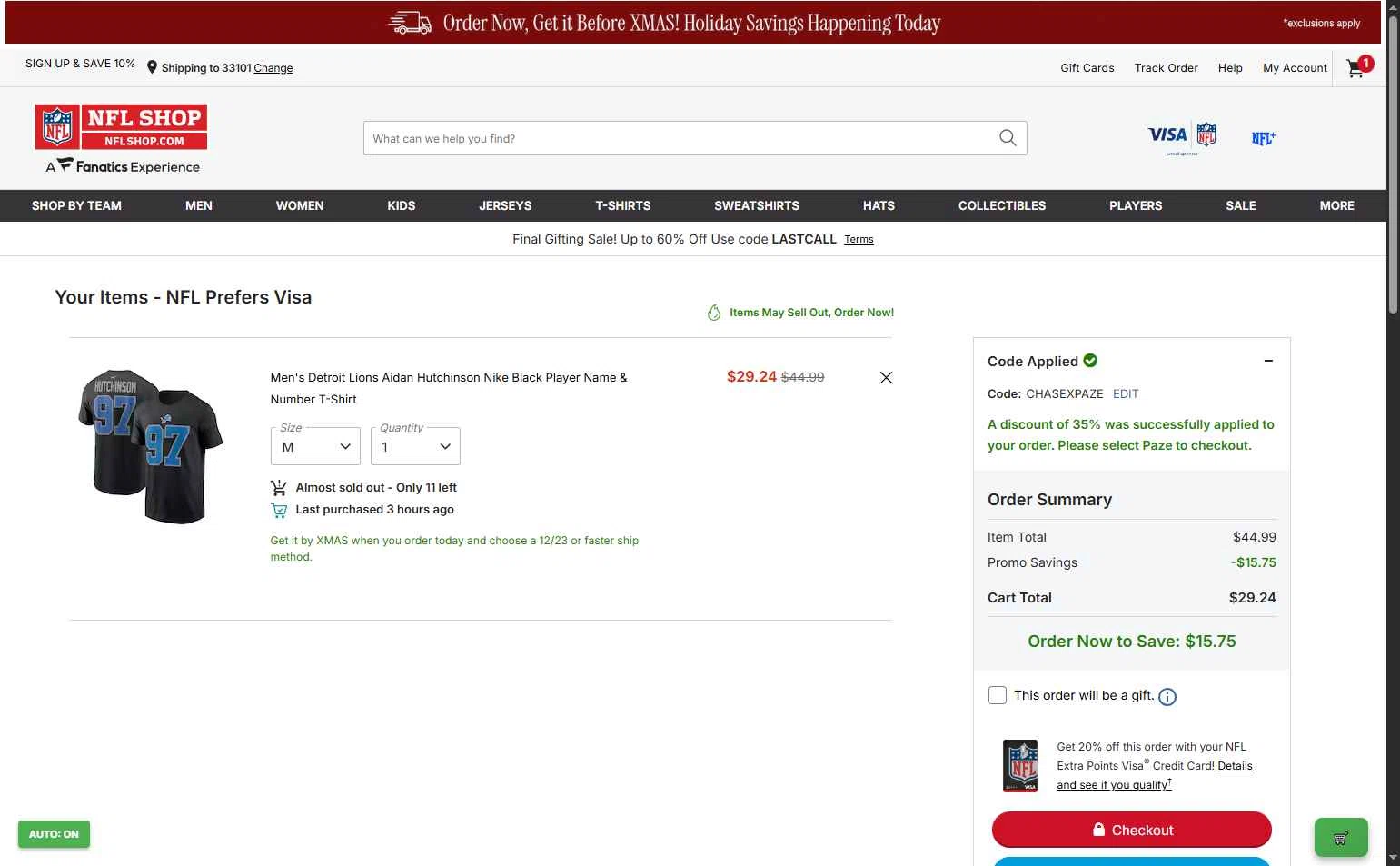 Philadelphia Eagles checkout page showing Philadelphia Eagles coupon code box | Screenshot taken by SimplyCodes community member on Dec 19, 2025