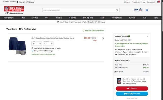 Philadelphia Eagles checkout page showing Philadelphia Eagles coupon code box | Screenshot taken by SimplyCodes community member on Sep 6, 2025