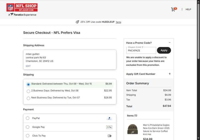 Philadelphia Eagles checkout page showing Philadelphia Eagles coupon code box | Screenshot taken by SimplyCodes community member on Oct 3, 2025