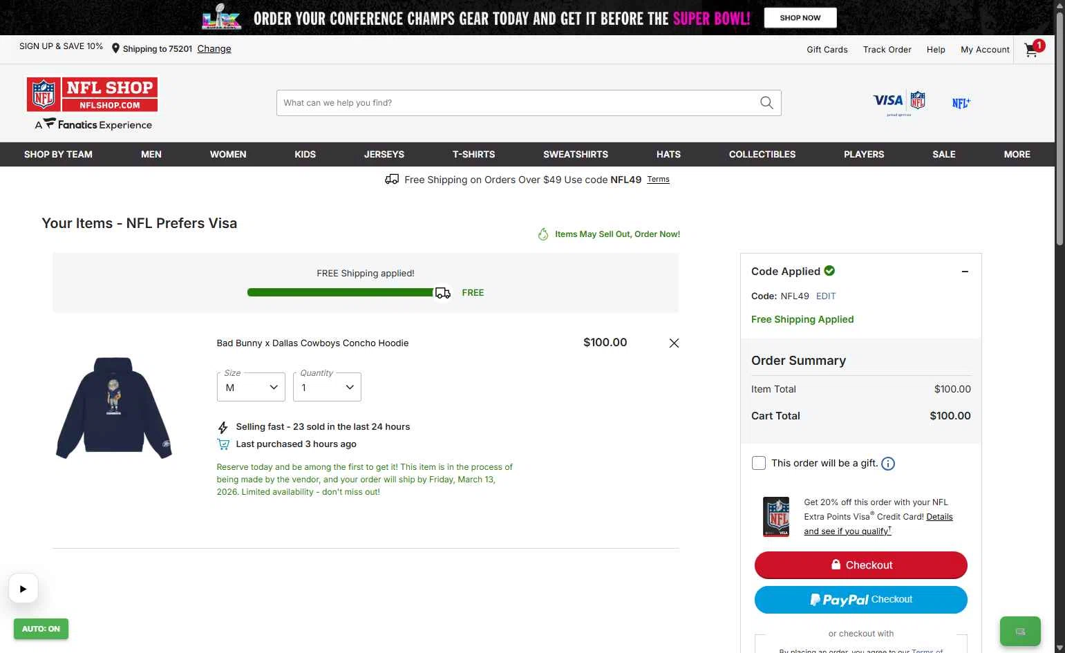 Philadelphia Eagles checkout page showing Philadelphia Eagles coupon code box | Screenshot taken by SimplyCodes community member on Jan 31, 2026