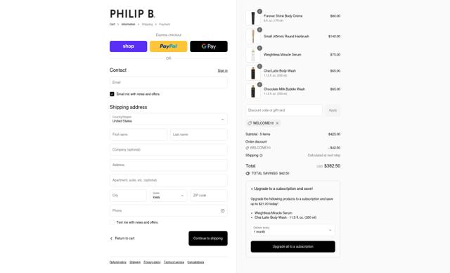 Philip B. checkout page showing Philip B. coupon code box | Screenshot taken by SimplyCodes community member on Sep 11, 2025