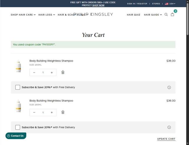 Philip Kingsley checkout page showing Philip Kingsley promo code box | Screenshot taken by SimplyCodes community member on Sep 5, 2025