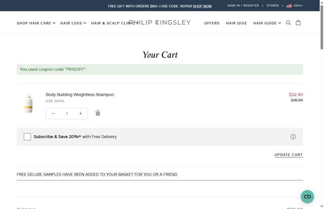 Philip Kingsley checkout page showing Philip Kingsley promo code box | Screenshot taken by SimplyCodes community member on Aug 12, 2025