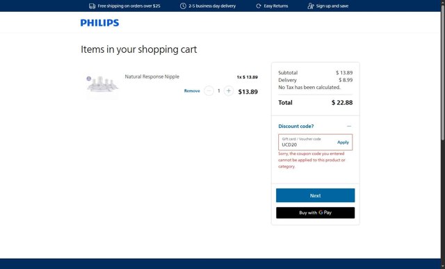 Philips Avent checkout page showing Philips Avent promo code box | Screenshot taken by SimplyCodes community member on Aug 18, 2025