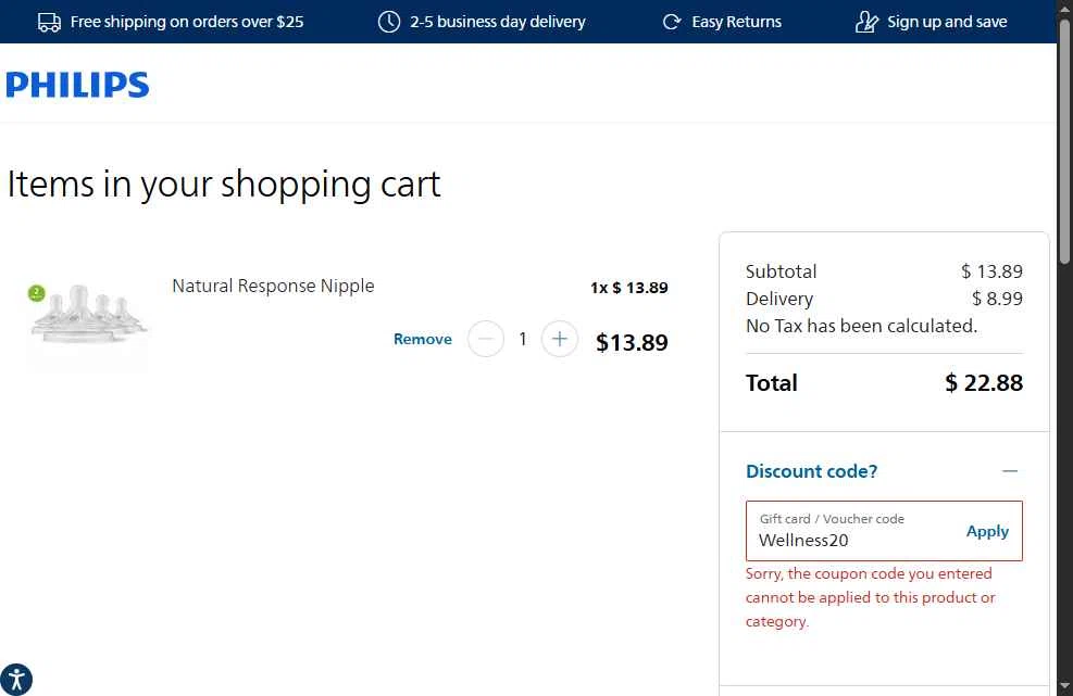 Philips Avent checkout page showing Philips Avent promo code box | Screenshot taken by SimplyCodes community member on Feb 17, 2026