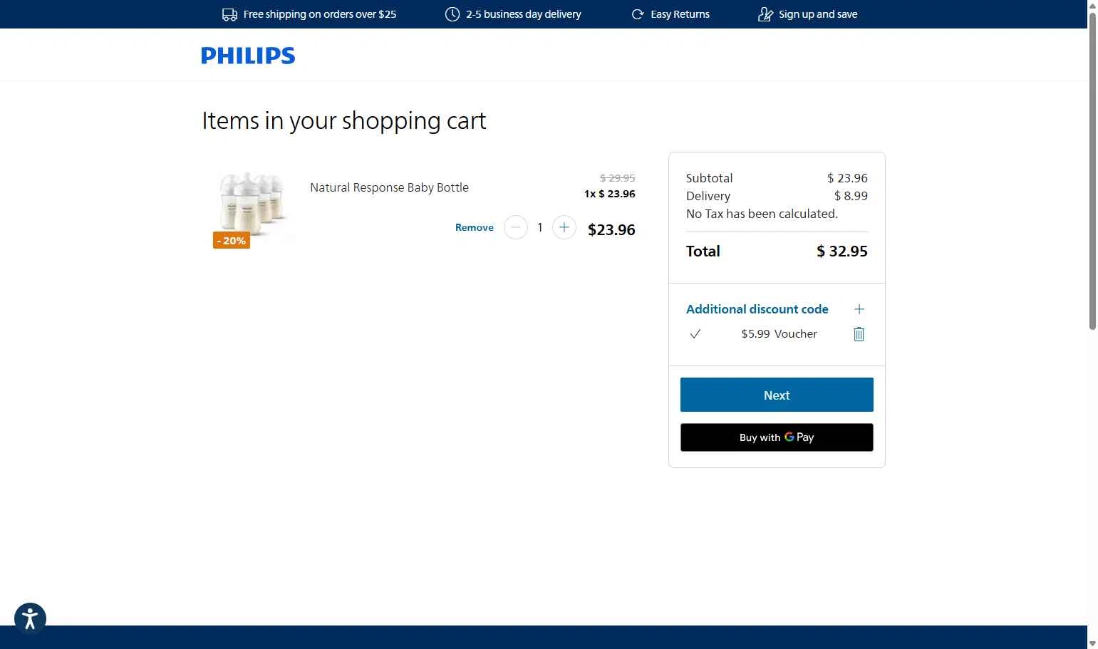 Philips Avent checkout page showing Philips Avent promo code box | Screenshot taken by SimplyCodes community member on Jan 1, 2026