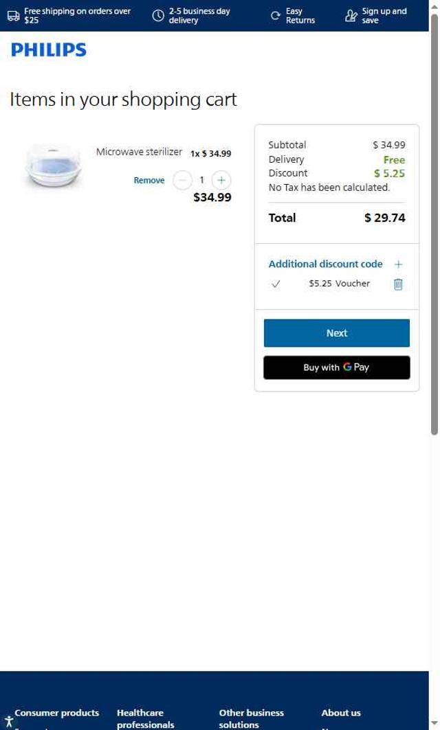 Philips Avent checkout page showing Philips Avent promo code box | Screenshot taken by SimplyCodes community member on Sep 17, 2025