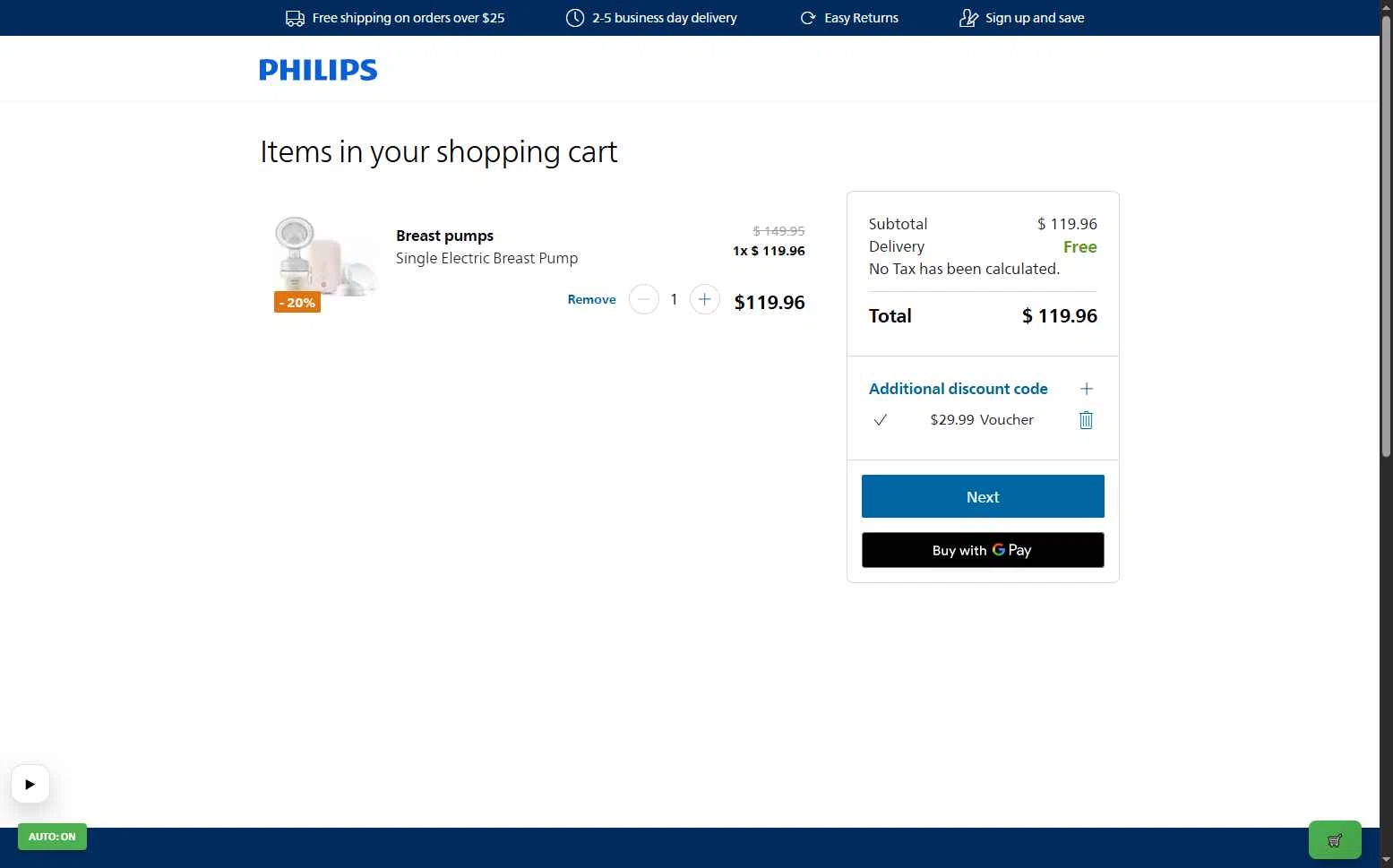 Philips Avent checkout page showing Philips Avent promo code box | Screenshot taken by SimplyCodes community member on Feb 8, 2026