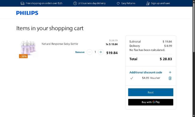 Philips Avent checkout page showing Philips Avent promo code box | Screenshot taken by SimplyCodes community member on Sep 11, 2025