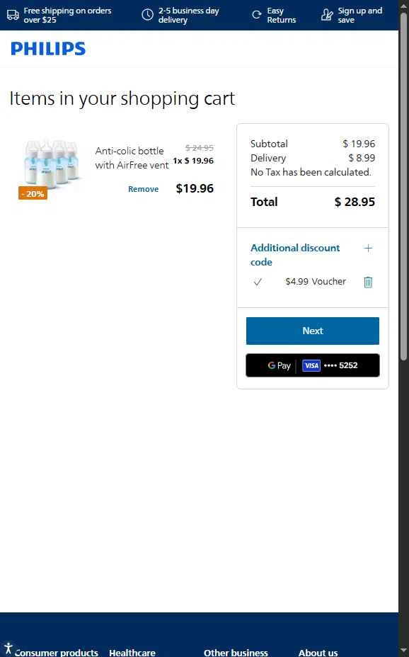 Philips Avent checkout page showing Philips Avent promo code box | Screenshot taken by SimplyCodes community member on Feb 6, 2026