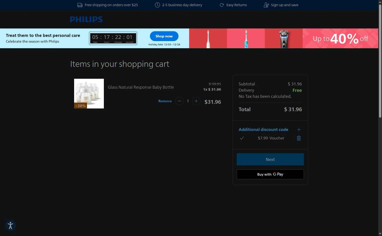 Philips Avent checkout page showing Philips Avent promo code box | Screenshot taken by SimplyCodes community member on Dec 19, 2025