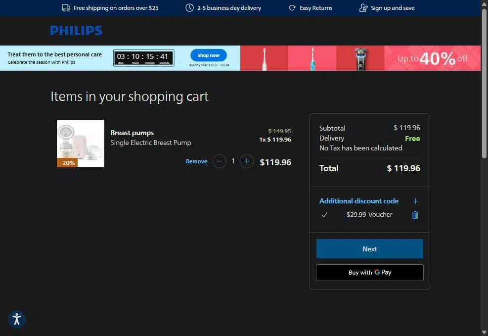 Philips Avent checkout page showing Philips Avent promo code box | Screenshot taken by SimplyCodes community member on Dec 21, 2025