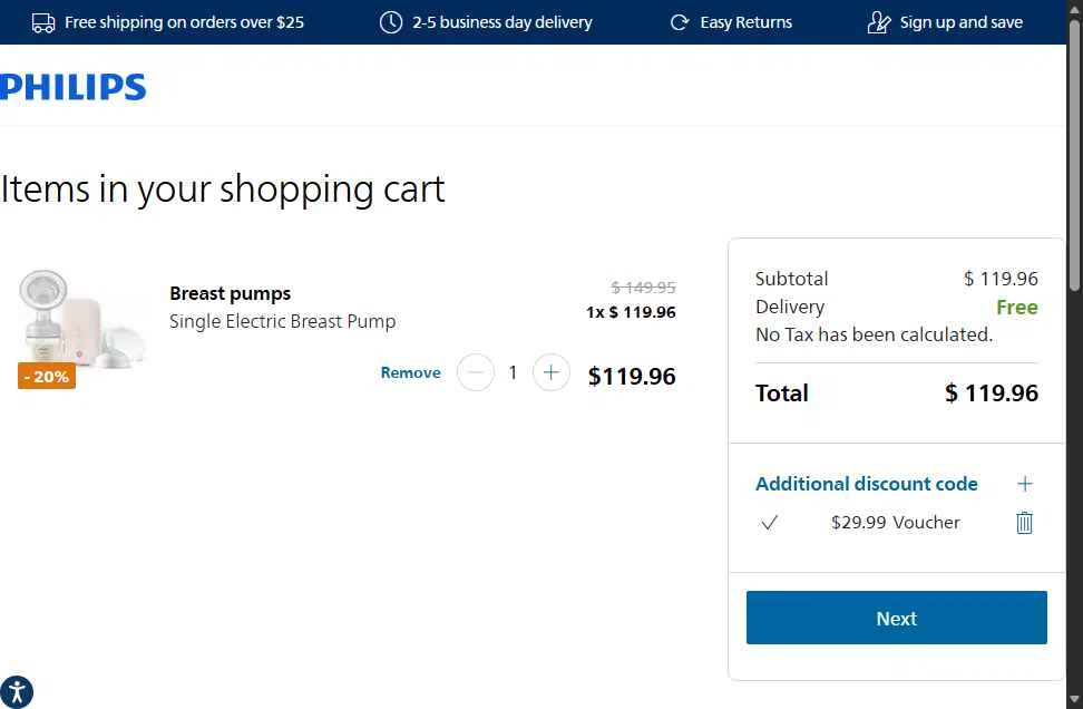 Philips Avent checkout page showing Philips Avent promo code box | Screenshot taken by SimplyCodes community member on Jan 6, 2026